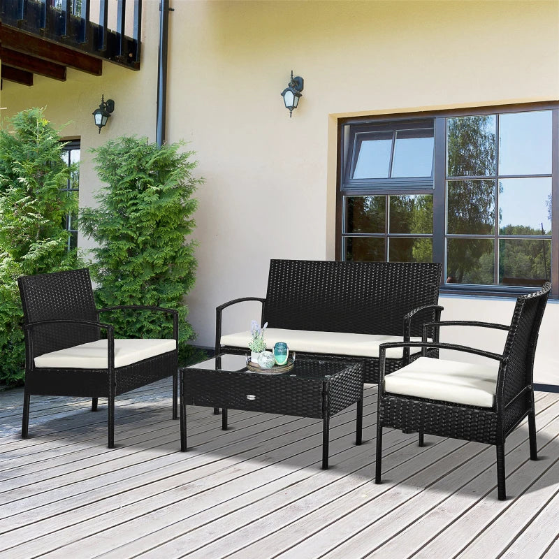 Rattan Corner Sofa With Cushions Set plus Black Glass Top Table, 4 Pieces - Charming Spaces