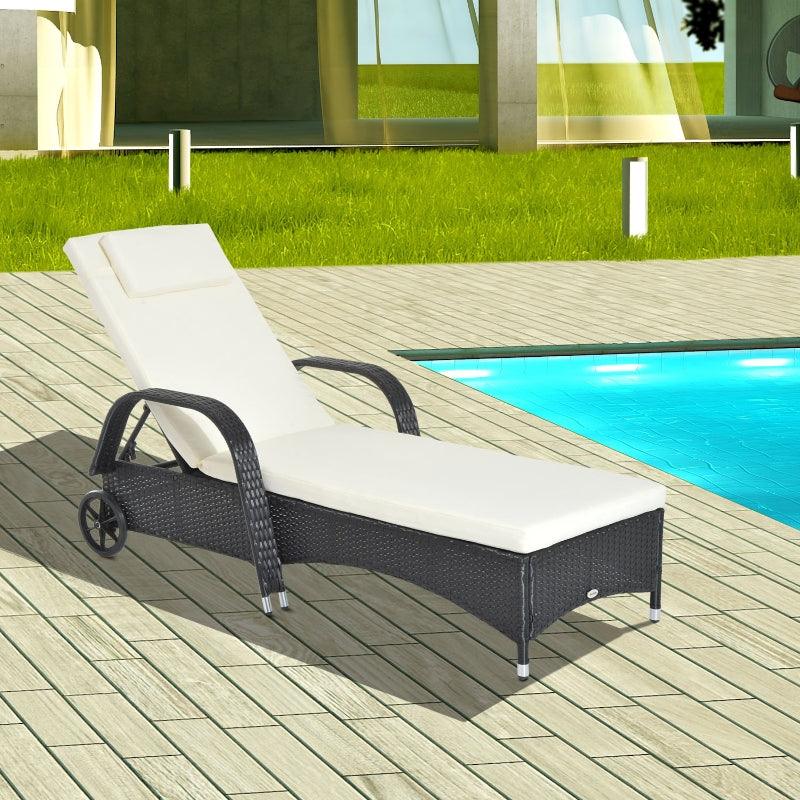 Outsunny Garden Rattan Furniture Single Sun Lounger Recliner Bed Reclining Chair Patio Outdoor Wicker Weave Adjustable Headrest with Fire Retardant Cushion - Black - Charming Spaces