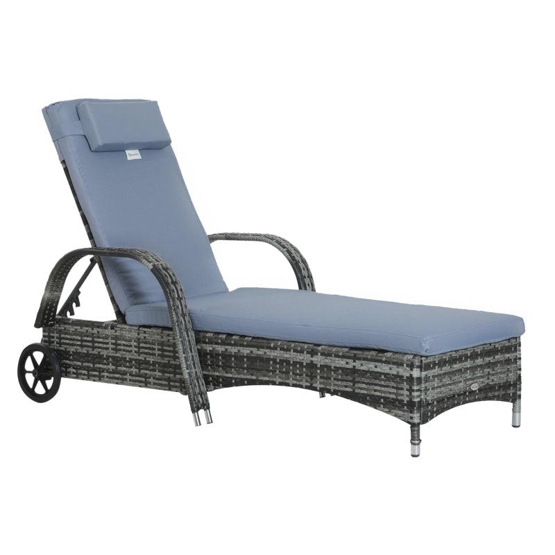 Garden Rattan Furniture Single Sun Lounger Recliner Bed Reclining Chair Patio Outdoor Wicker Weave Adjustable Headrest with Fire Retardant Cushion - Grey - Charming Spaces