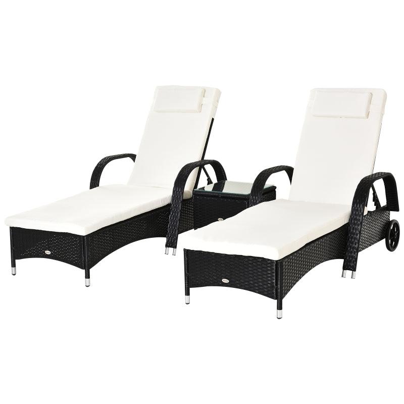 Outsunny 2 Seater Rattan Sun Lounger Set with Side Table Black - Charming Spaces