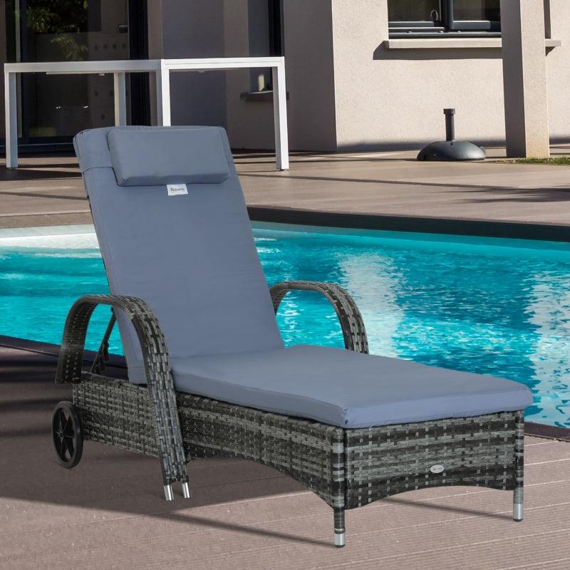 Garden Rattan Furniture Single Sun Lounger Recliner Bed Reclining Chair Patio Outdoor Wicker Weave Adjustable Headrest with Fire Retardant Cushion - Grey - Charming Spaces