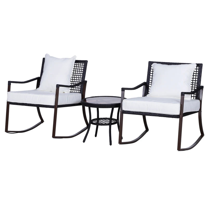 Outsunny 3 Pieces PE Rattan Garden Rocking Chair Set w/ Soft Cushion, Tempered Glass Round Coffee Table, Brown - Charming Spaces