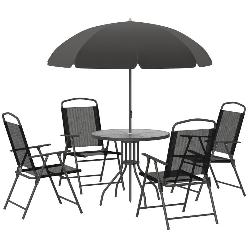 Outsunny 6 PCs Garden Patio Furniture Set Bistro Set Texteline Folding Chairs +Table +Parasol (Black) - Charming Spaces