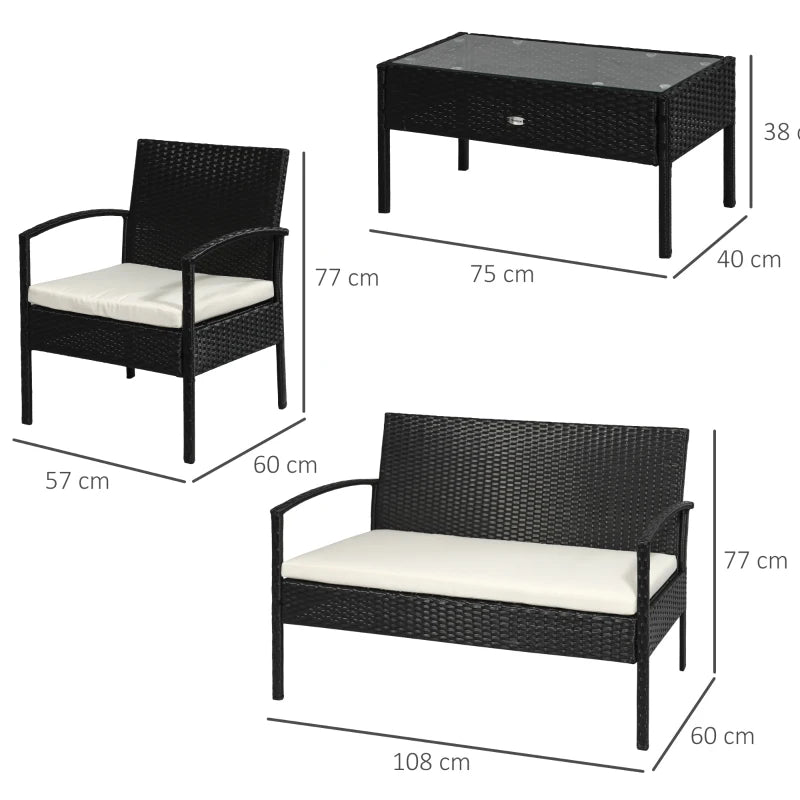 Rattan Corner Sofa With Cushions Set plus Black Glass Top Table, 4 Pieces - Charming Spaces