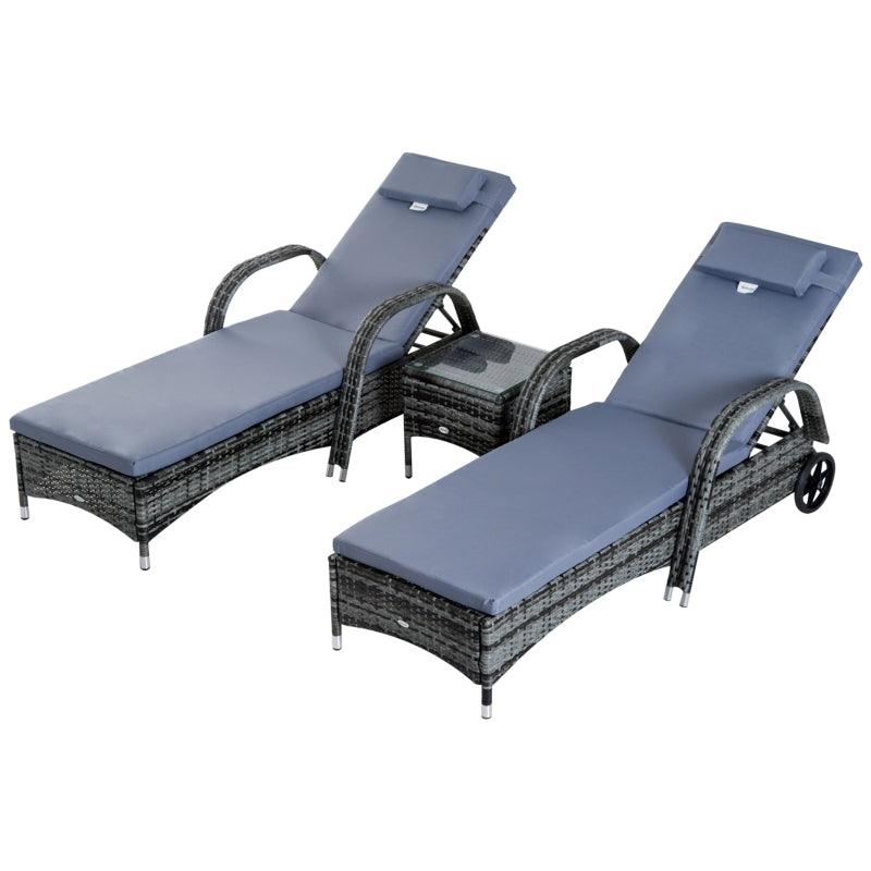 Set of Two Rattan Sun Loungers, with Side Table - Grey - Charming Spaces