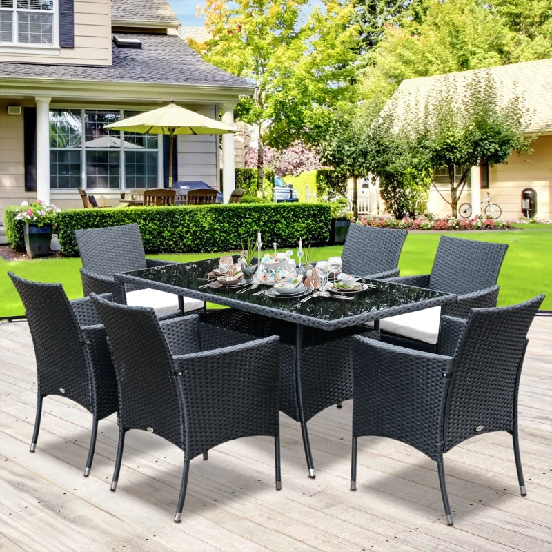 Outsunny 7 Pieces PE Rattan Dining Set, Cushioned Armchair and Rectangular Glass Top Table, Black - Charming Spaces