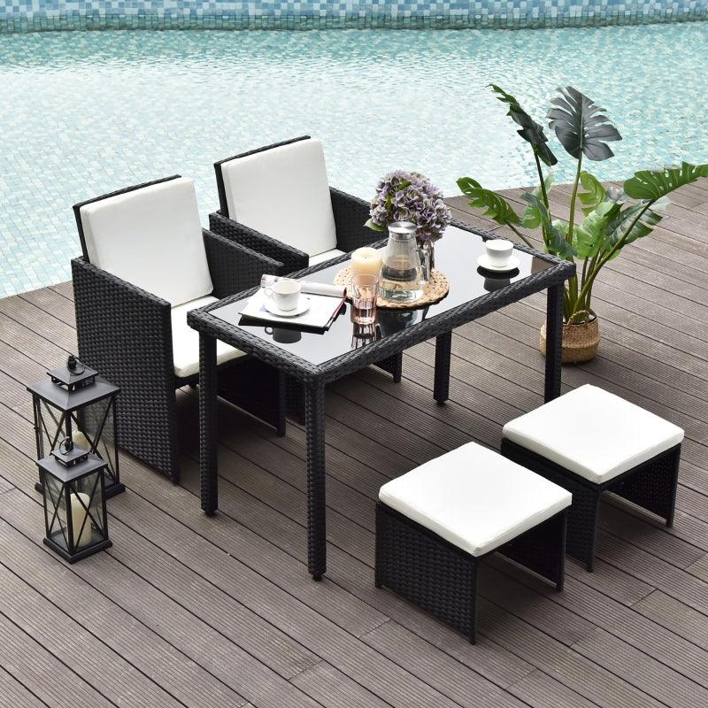 5 PCs Rattan Garden Furniture Space-saving Wicker Weave Sofa Set / Black - Charming Spaces
