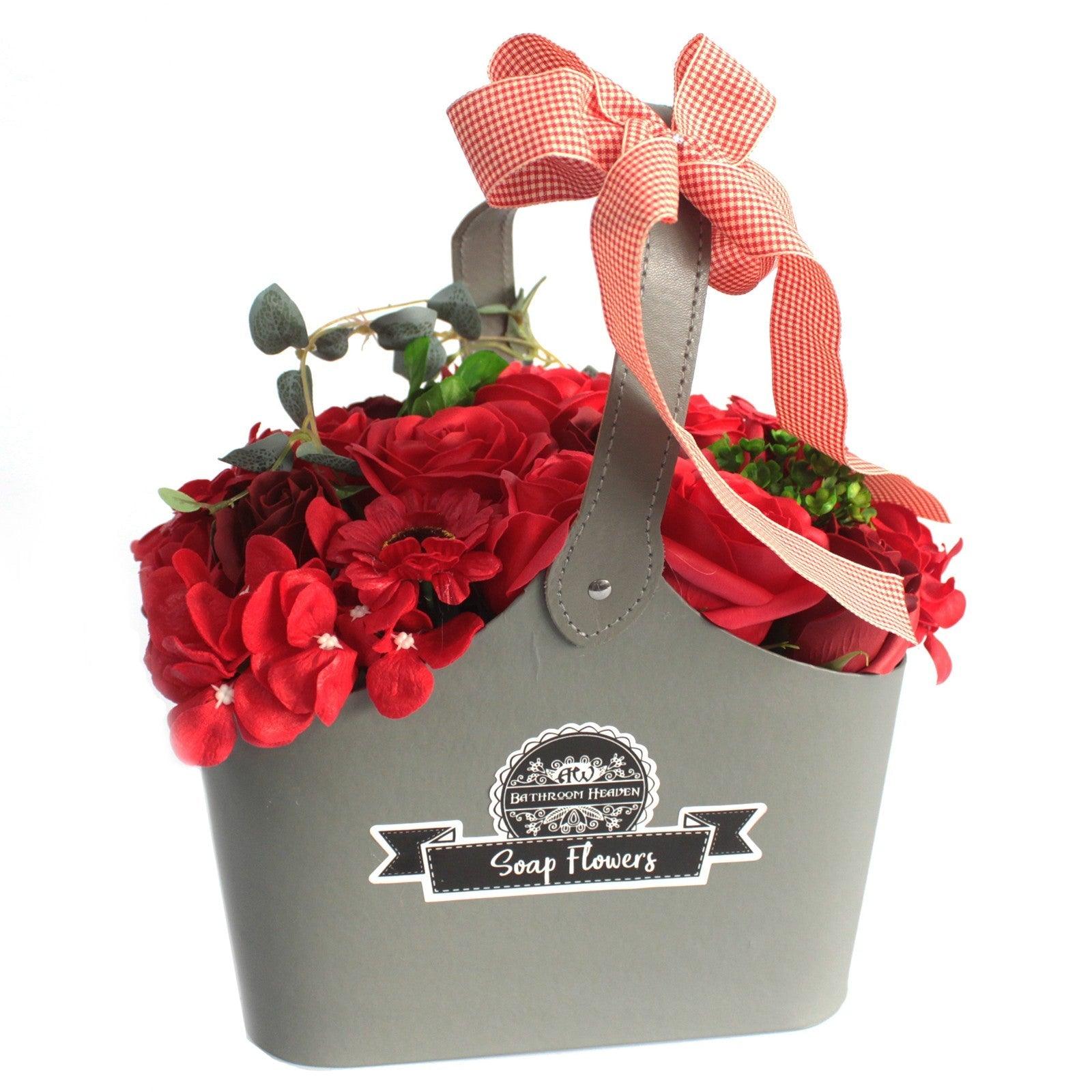 Soap Flower Red Bouquet In Grey Basket - Charming Spaces