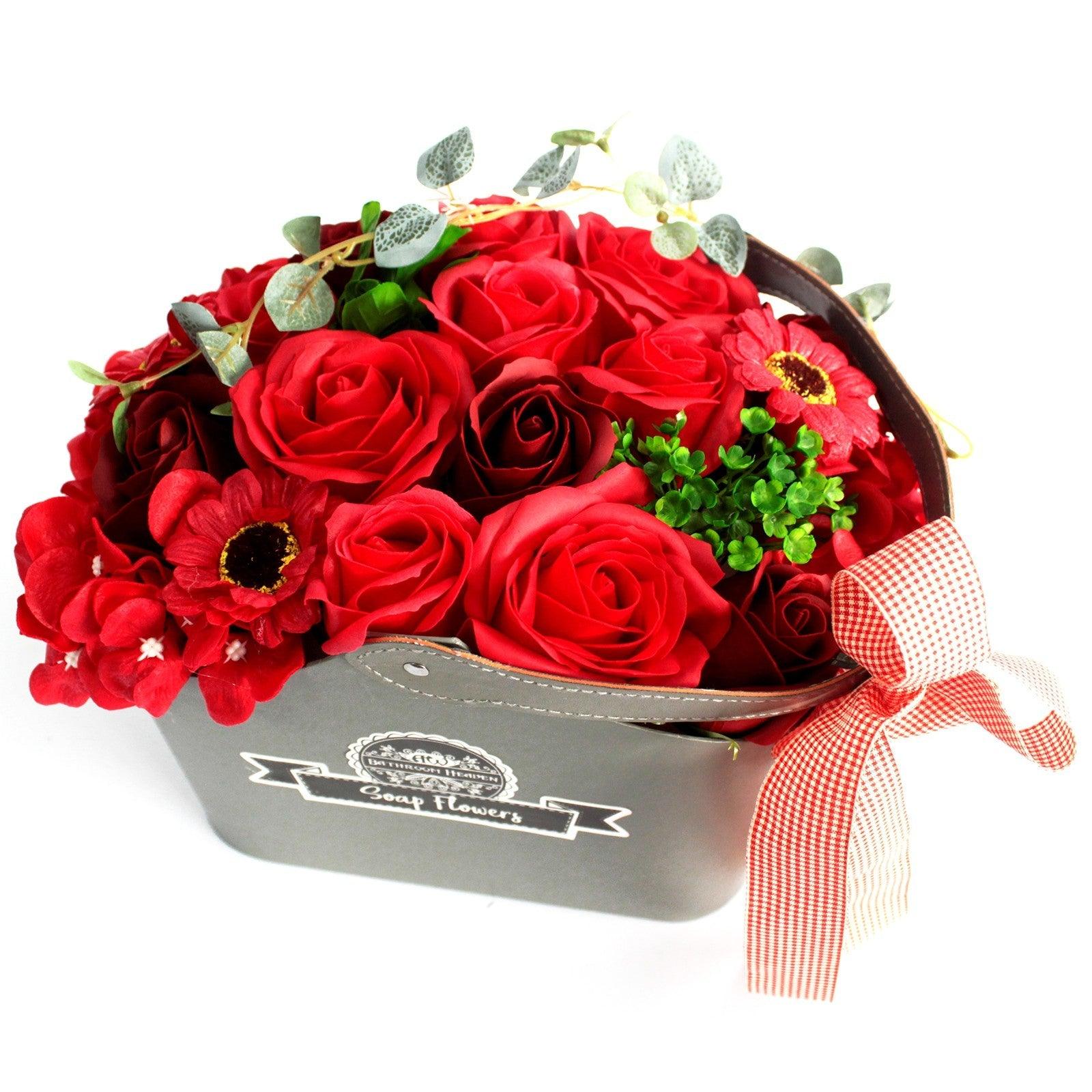 Soap Flower Red Bouquet In Grey Basket - Charming Spaces
