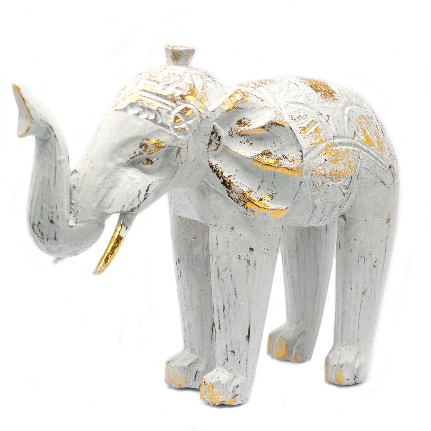 Wood Carved Elephant - White Gold - Charming Spaces