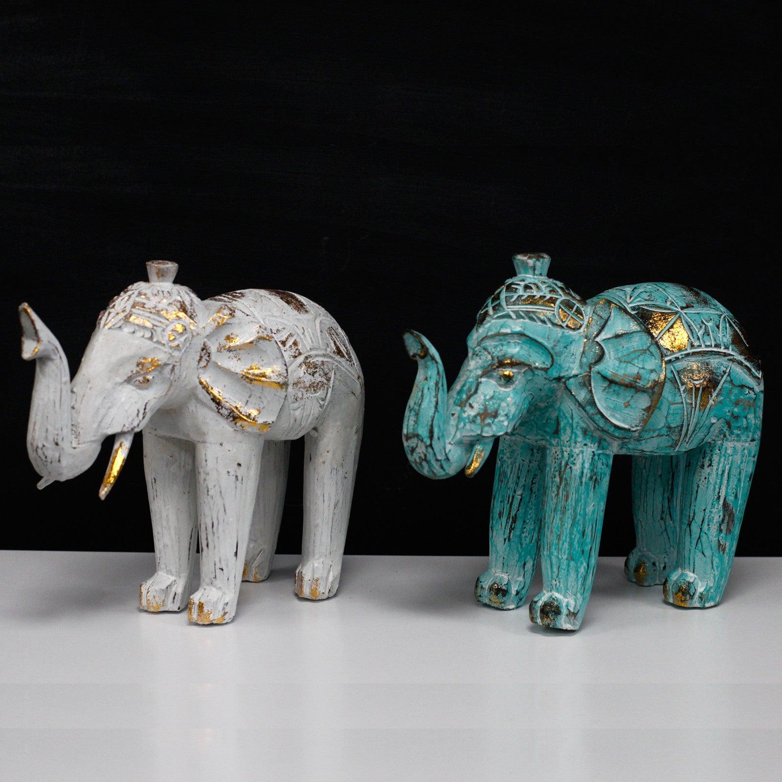 Wood Carved Elephant - Turquois Gold - Charming Spaces