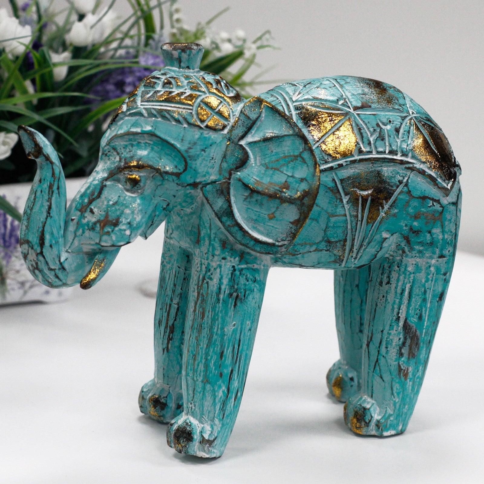 Wood Carved Elephant - Turquois Gold - Charming Spaces