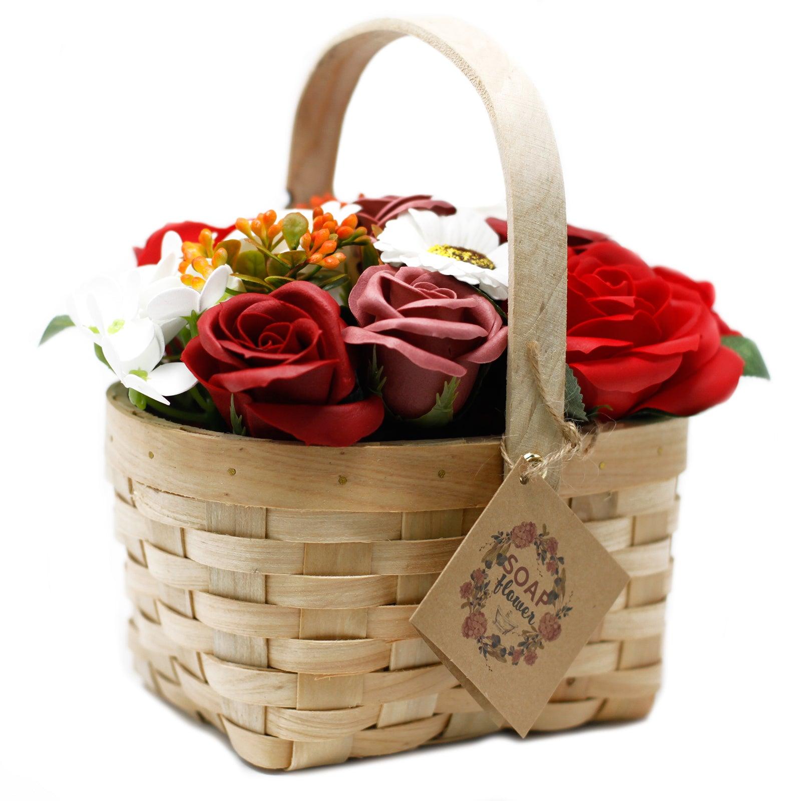Large Red Bouquet in Wicker Basket - Charming Spaces