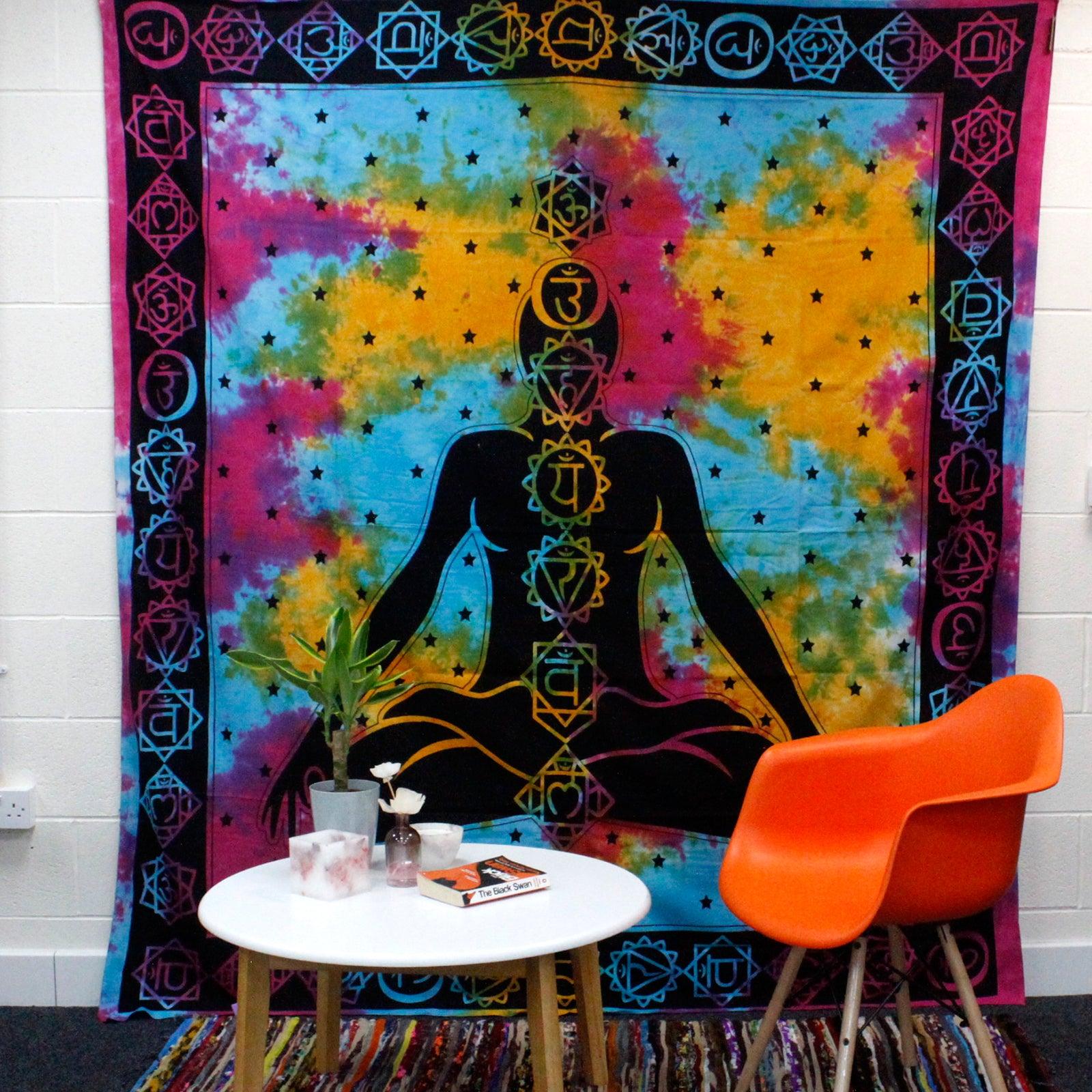 Double Cotton Bedspread + Wall Hanging - Chakra Buddha Tapestry - Charming Spaces