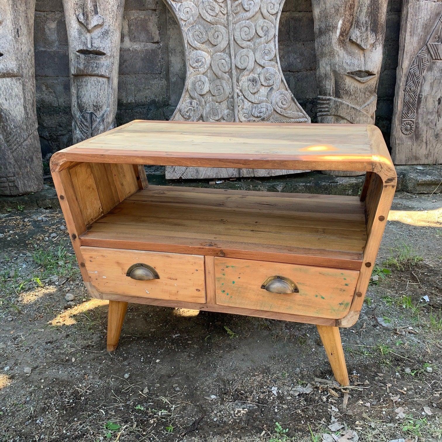 Small TV Stand with 2 Drawers Round - Recycled Wood - Charming Spaces