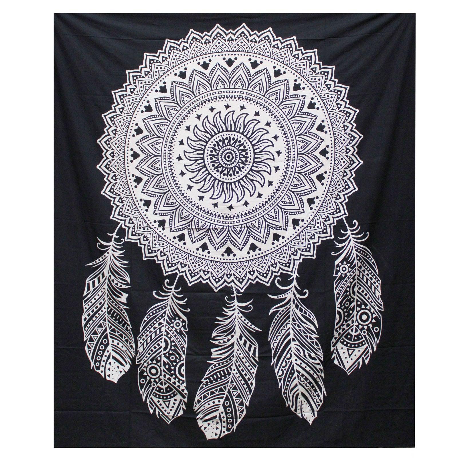 Double Cotton Bedspread + Wall Hanging - Dreamcatcher - Black and White - Charming Spaces