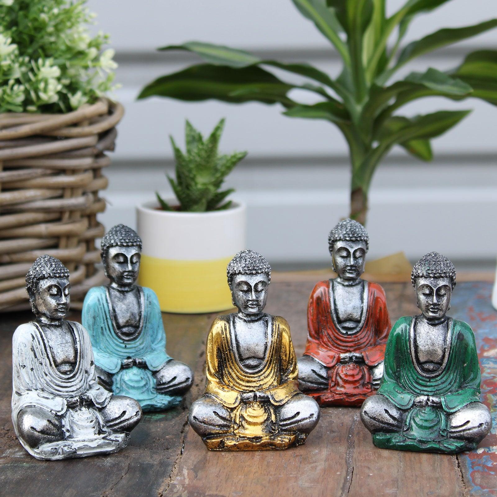 Mini Buddha Set of x 6 - Feng Shui - Silver (Assorted Colours) - Charming Spaces