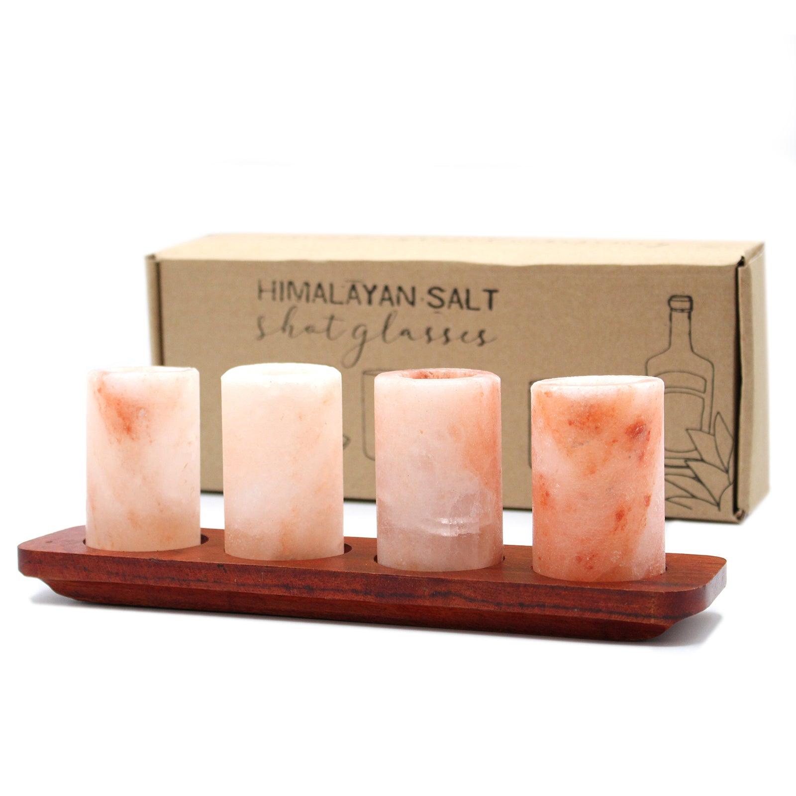 Set of 4 Himalayan Salt Shot Glasses & Wood Serving Stand - Charming Spaces