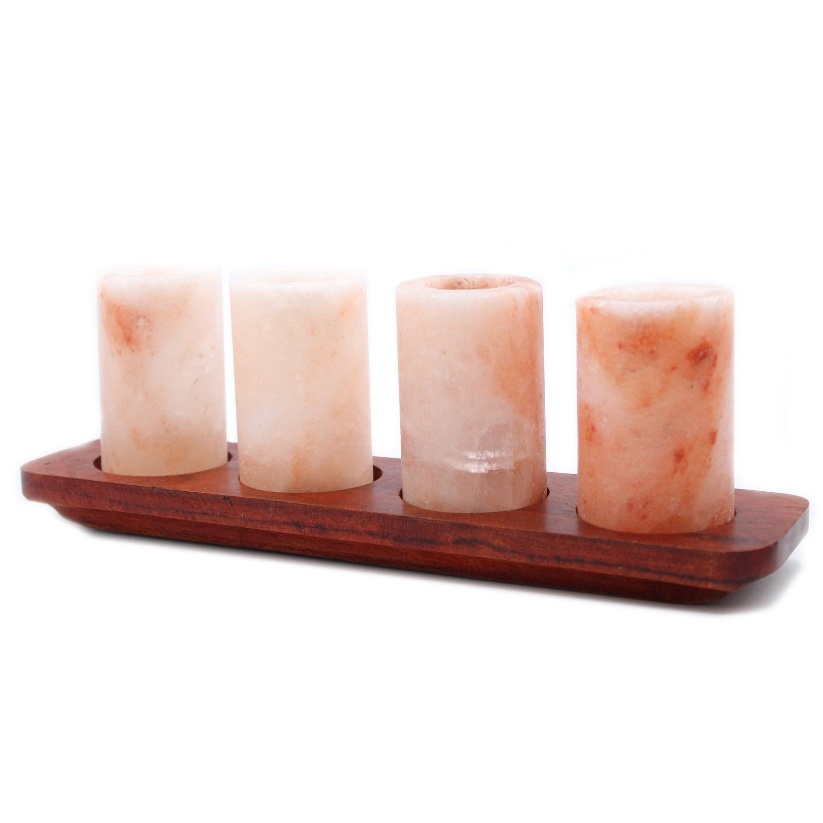 Set of 4 Himalayan Salt Shot Glasses & Wood Serving Stand - Charming Spaces