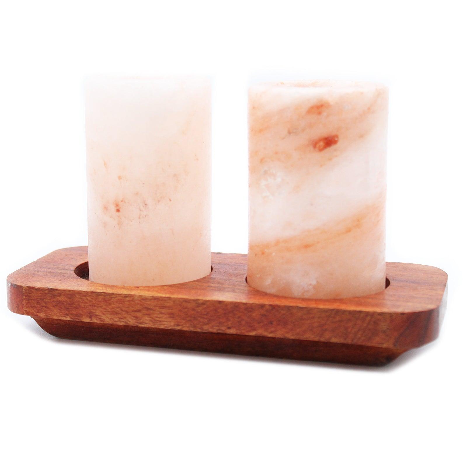 Set of 2 Himalayan Salt Shot Glasses & Wood Serving Stand - Charming Spaces