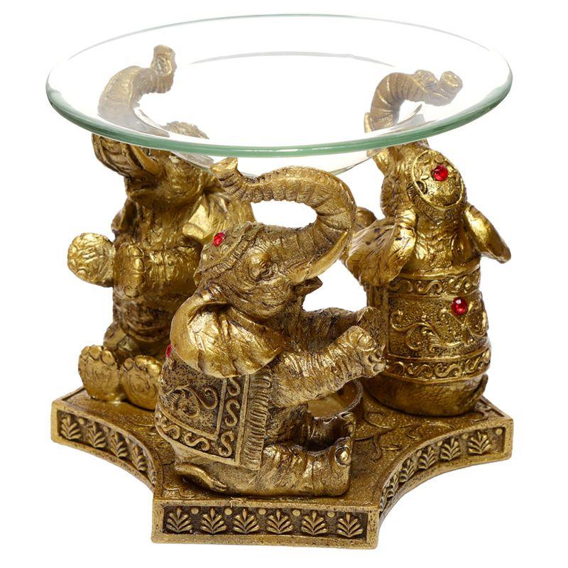 Lucky Elephant Gold Oil and Wax Burner with a Glass Dish - Charming Spaces
