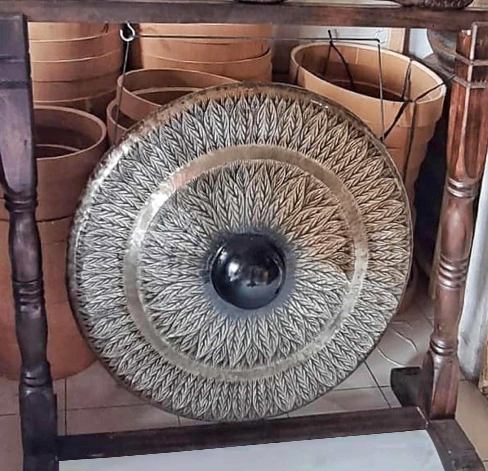 Large Gong in Brown Antique Stand - 80cm - Black - pattern - Charming Spaces