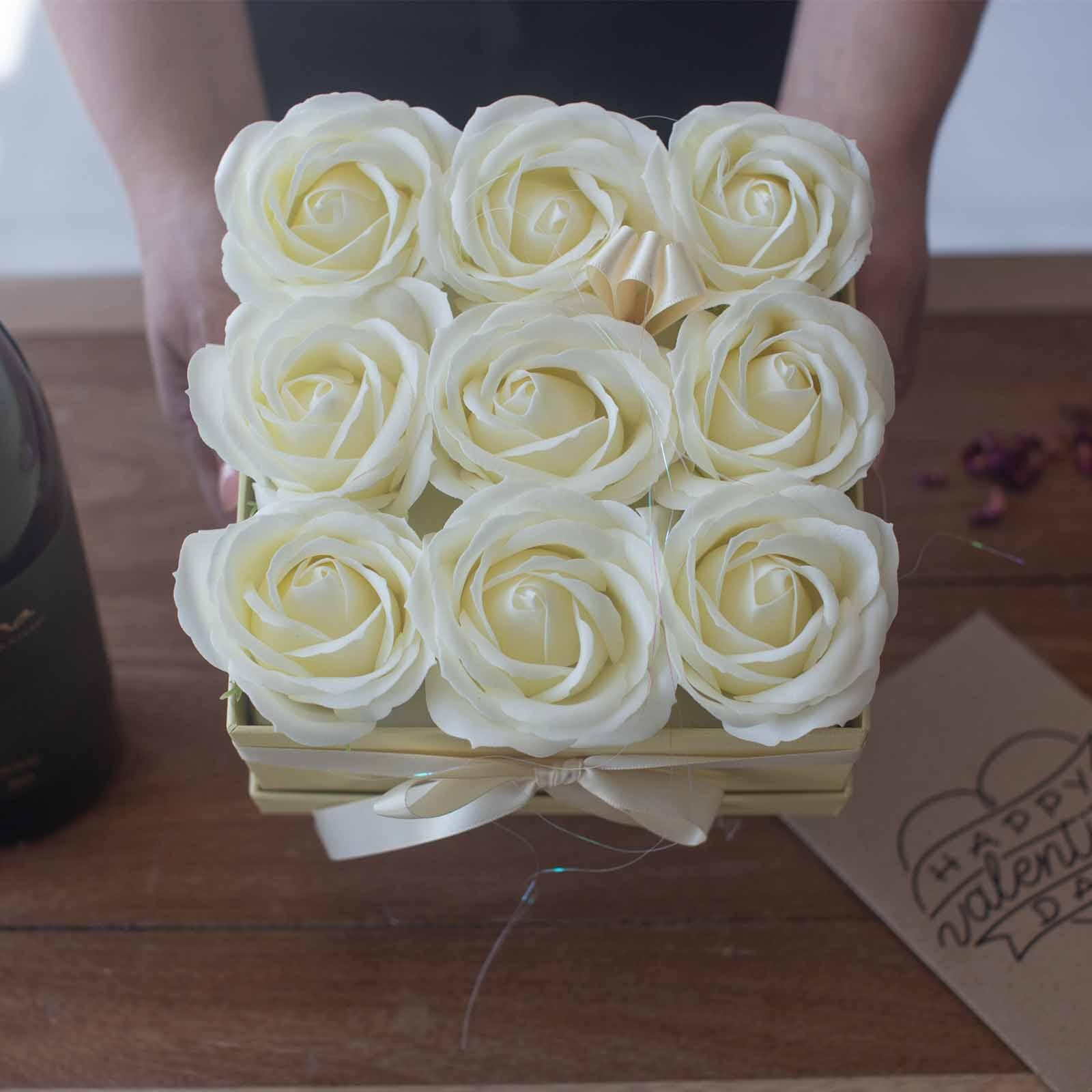 Soap Flower Gift Bouquet - 9 Cream Roses - Square - Charming Spaces