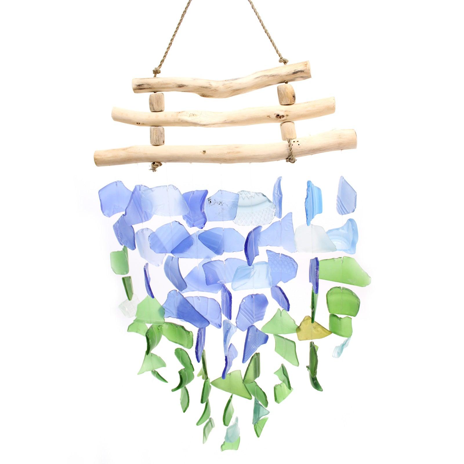 Recycled Glass Wind Chime - Three Sticks - Blue & Green - Charming Spaces
