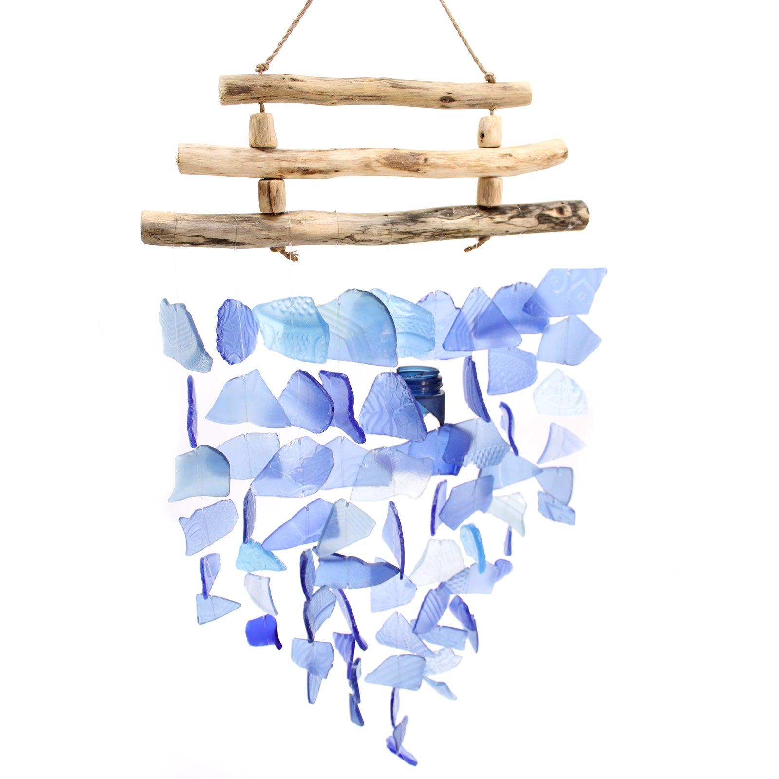 Recycled Glass Wind Chime - Three Wood Sticks - All Blues - Charming Spaces