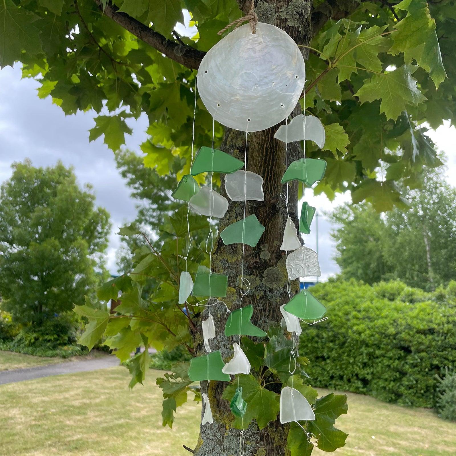 Copis & Glass Drop Wind Chime- Green & White Glass - Charming Spaces