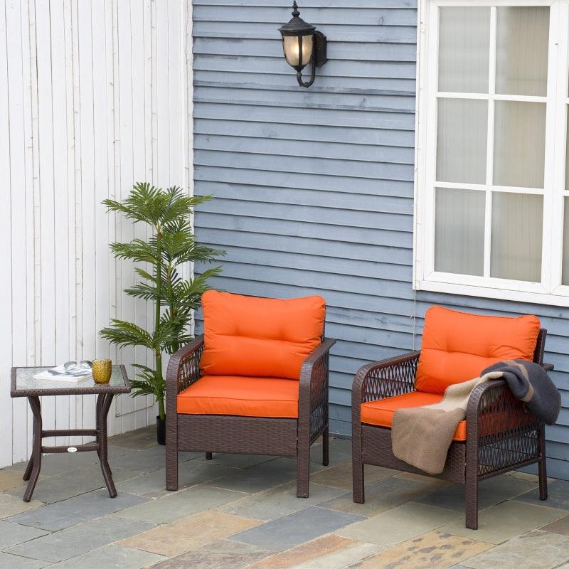 Bistro Garden Set / Orange Cushions / 3 Piece PE Rattan / 2 Chairs and Coffee Table - Charming Spaces
