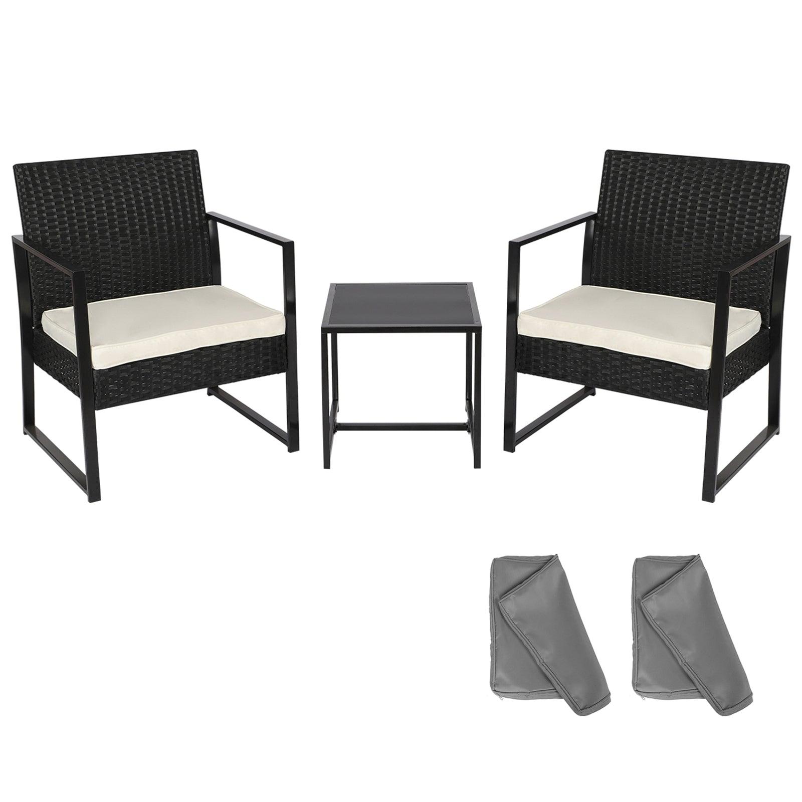 Black Rattan Garden Furniture Set, 3 PCS Weaving Wicker Bistro Set for Garden, Balcony, Pool Side - Charming Spaces