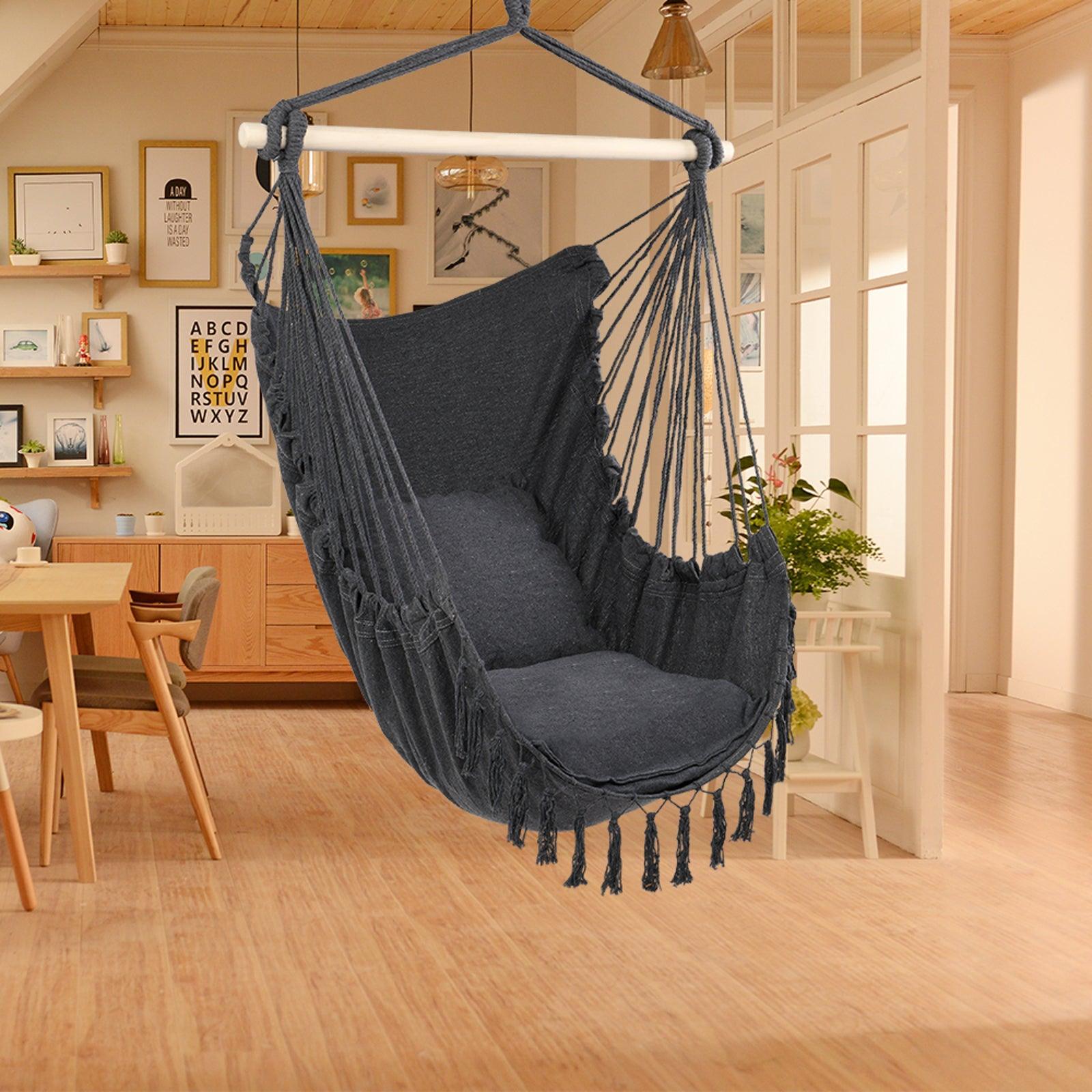 Hanging Chair Dark / Hammock Swing Chair / Canvass Cotton Tassel Rope With Pillows (Grey) - Charming Spaces