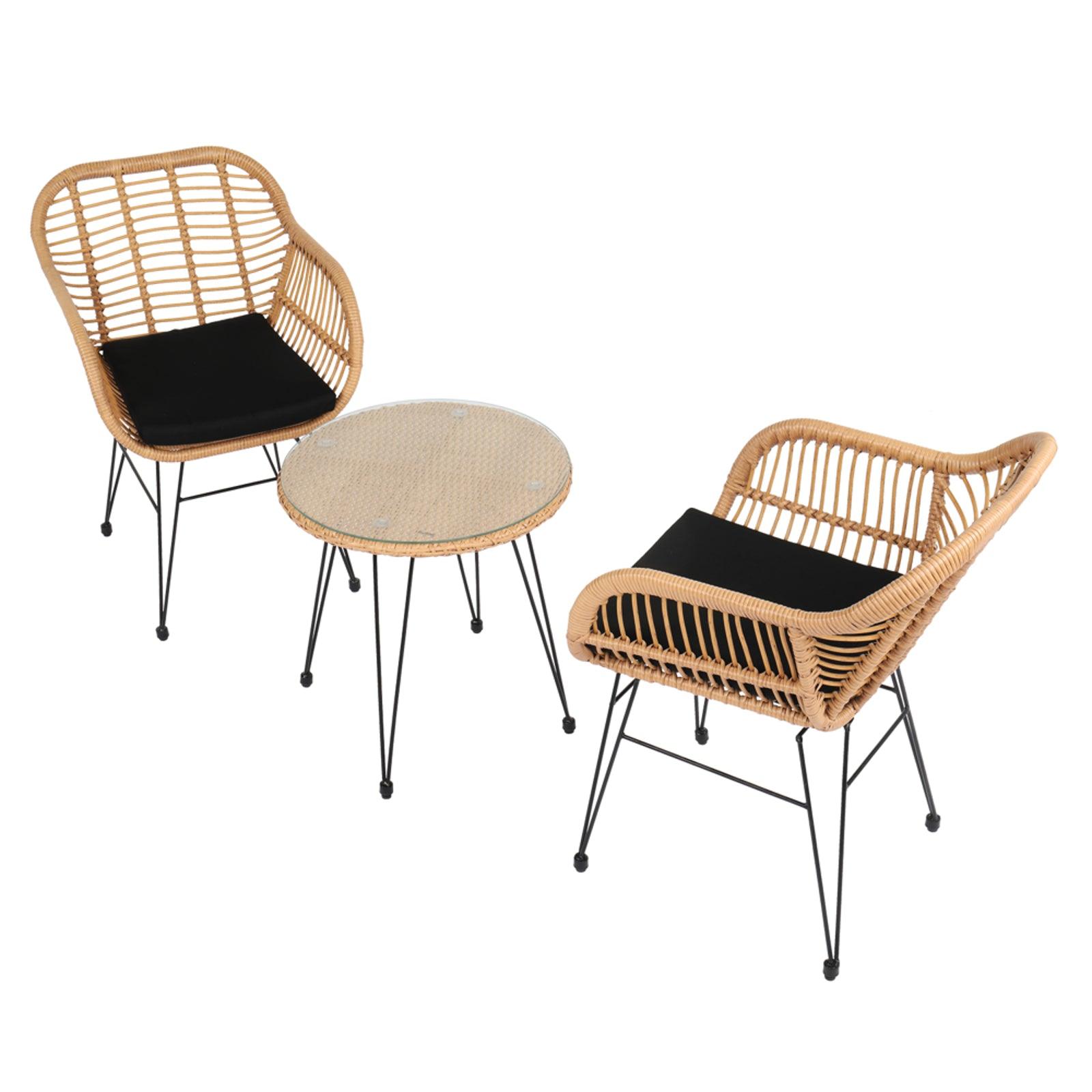 Wicker Rattan Patio 3 pcs Set with Tempered Glass Table Flaxen Yellow - Charming Spaces