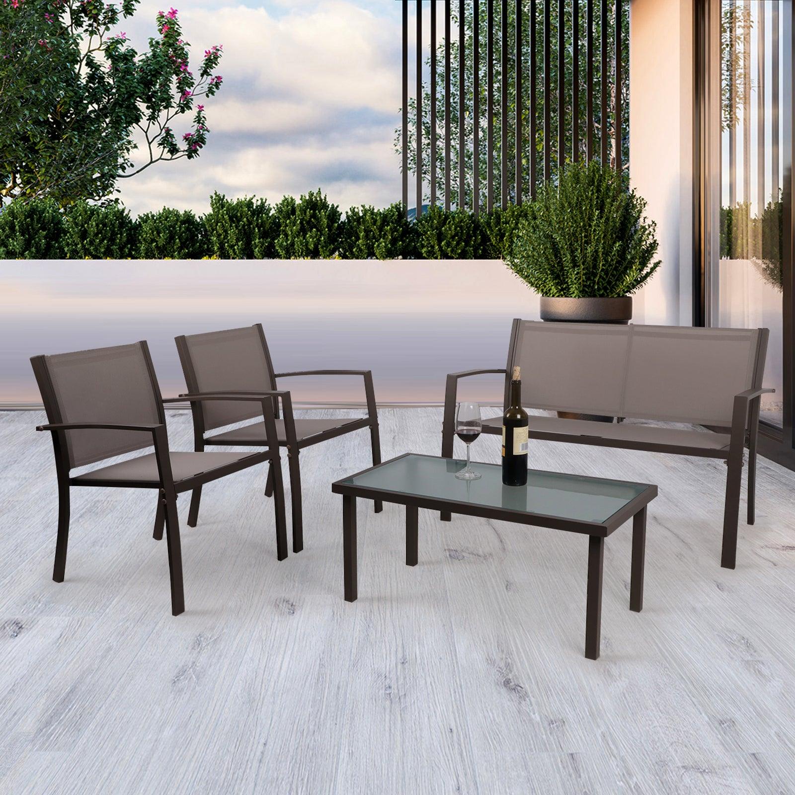 Brown Garden Furniture 4 Piece Set - Glass Coffee Table, 2 Textilene Armchairs, 1 Double Seat Sofa - Charming Spaces
