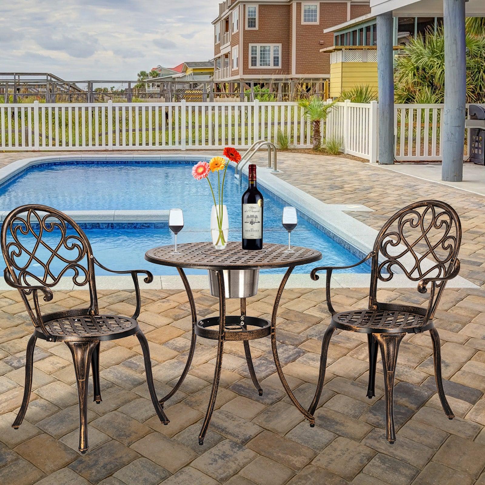 Outdoor 3 Piece Patio Bistro Set of Table and Chairs with Ice Bucket, Bronze, European Style Cast Aluminum - Charming Spaces