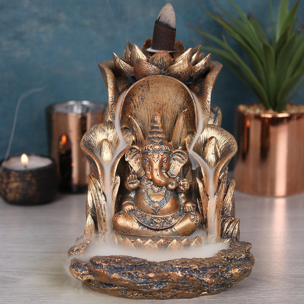 Backflow Incense Burner Ganesh & Lotus Flower Bronze - Charming Spaces