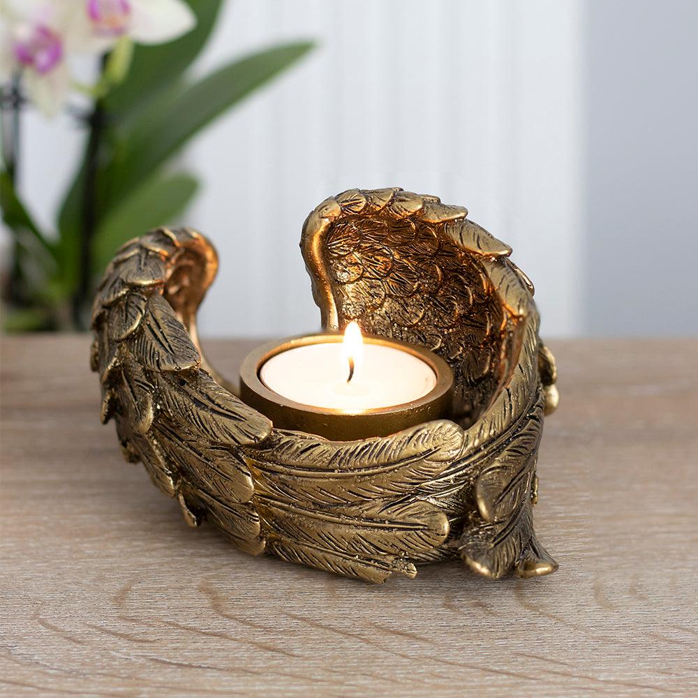 Antique Gold Angel Wing Tealight Candle Holder - Charming Spaces