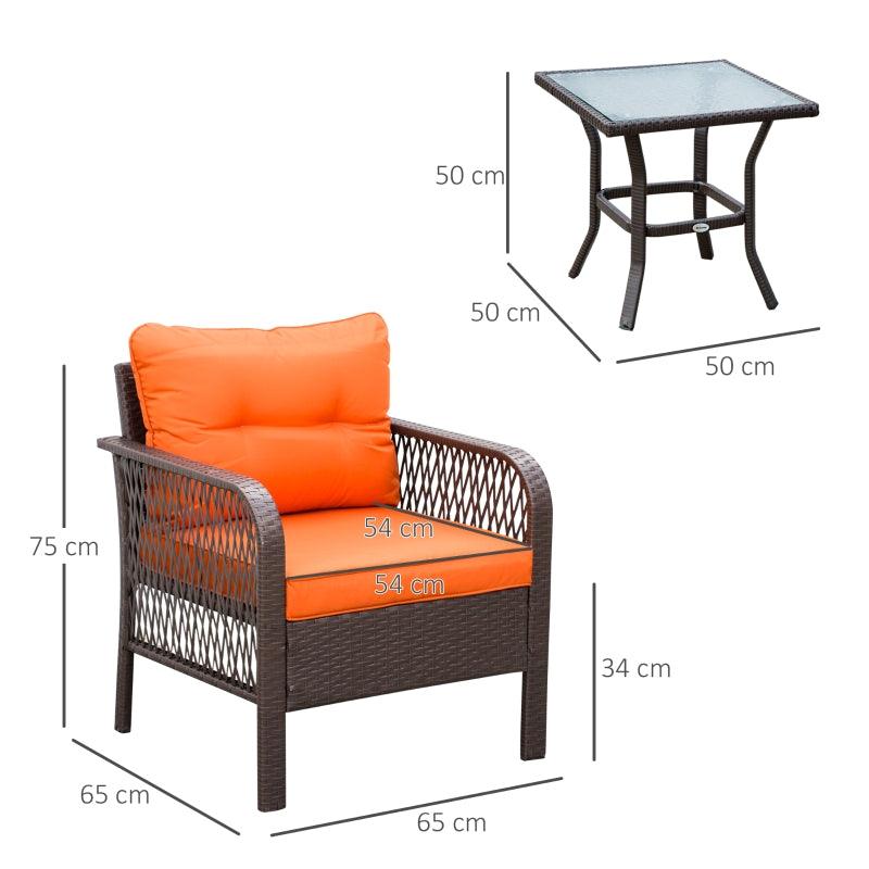 Bistro Garden Set / Orange Cushions / 3 Piece PE Rattan / 2 Chairs and Coffee Table - Charming Spaces