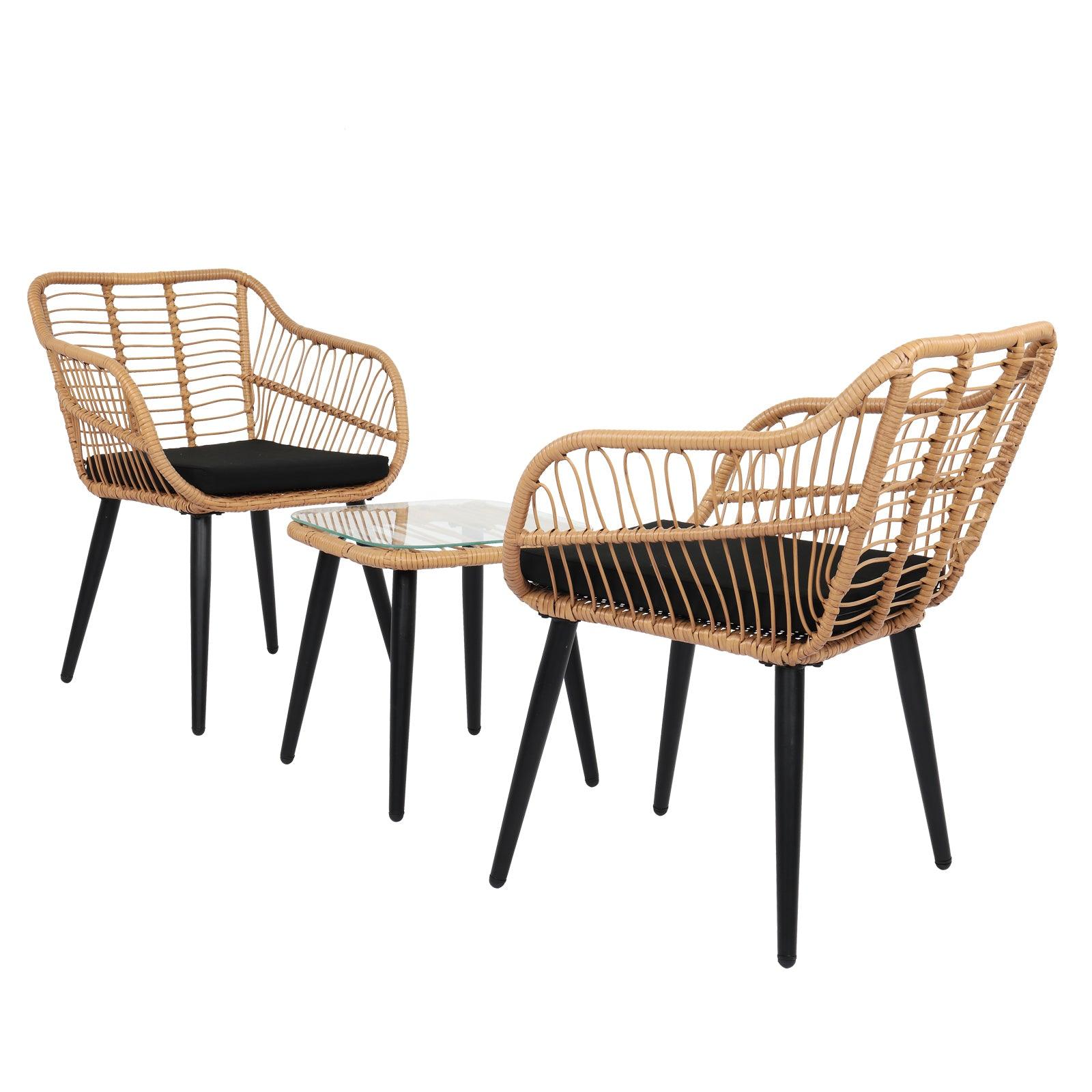 3 Piece Patio Wicker Chair Set with Glass Top Table and Soft Cushion, Outdoor Backyard Porch Furniture - Charming Spaces