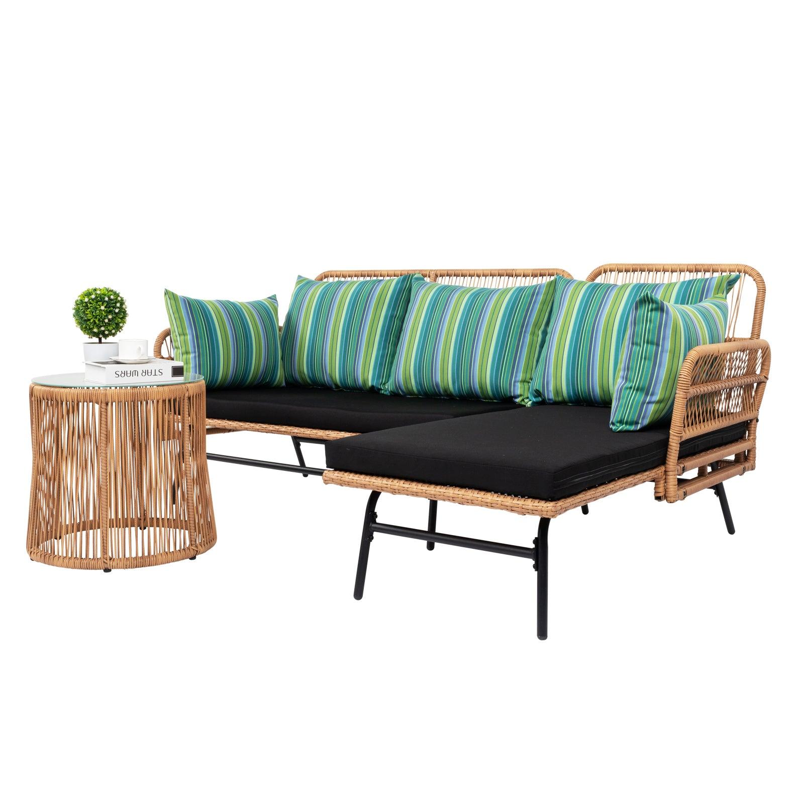 Patio Furniture 3 Piece Set, Rope Woven, Outdoor L-Shaped Garden Sectional Sofa Set, Detachable Lounger, Side Table - Charming Spaces