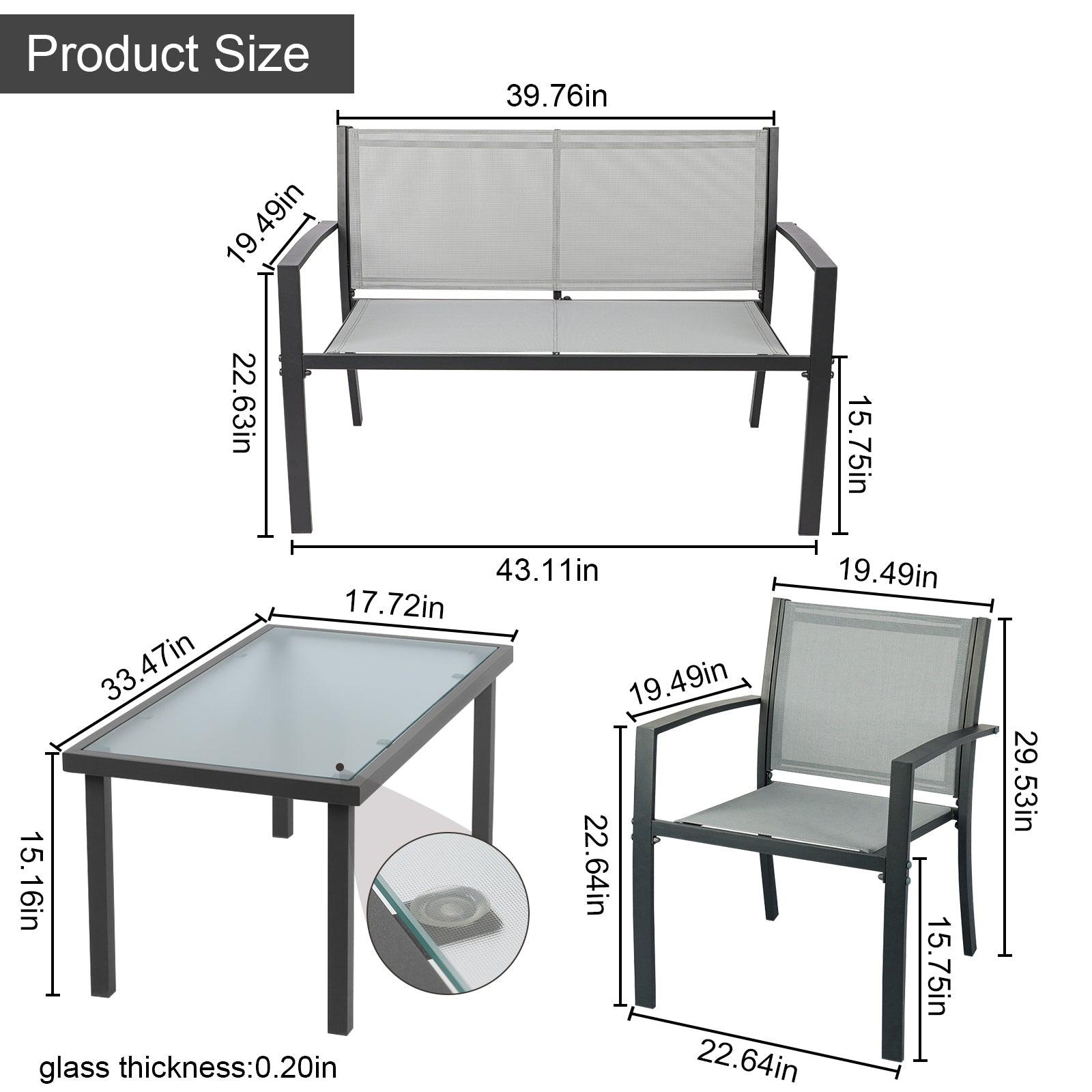 Grey Garden Furniture 4 Piece Set, Glass Coffee Table, 2 Textilene Armchairs 1 Double Seat Sofa - Charming Spaces
