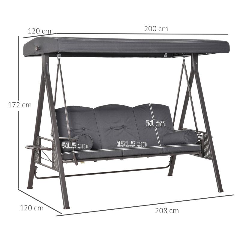 3 Seat Garden Swing Chair Steel / Swing Bench With Cushions And Cup Trays / Grey - Charming Spaces