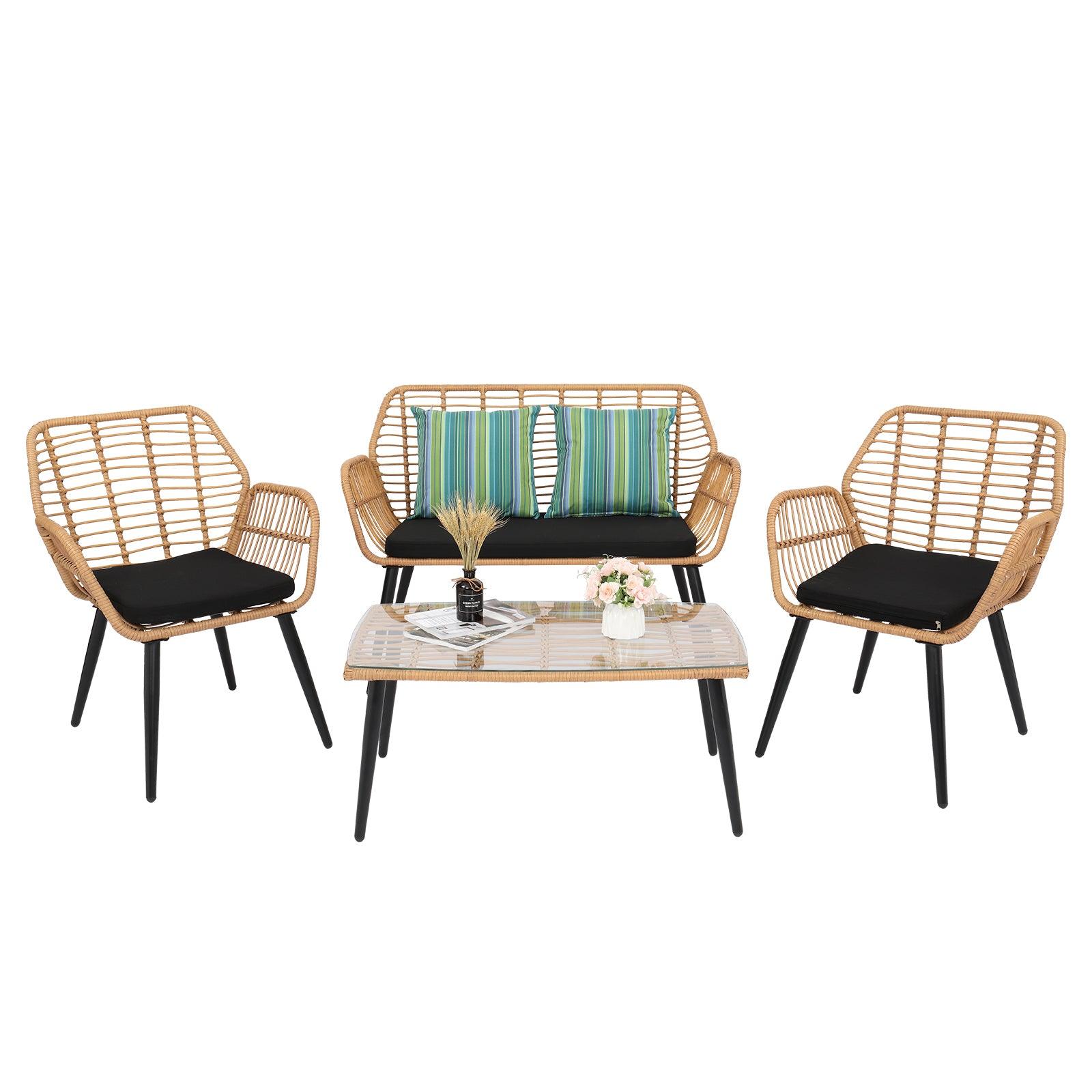 Outdoor Wicker Rattan Chair Four-Piece Patio Furniture Set Yellow, PE Steel - Charming Spaces