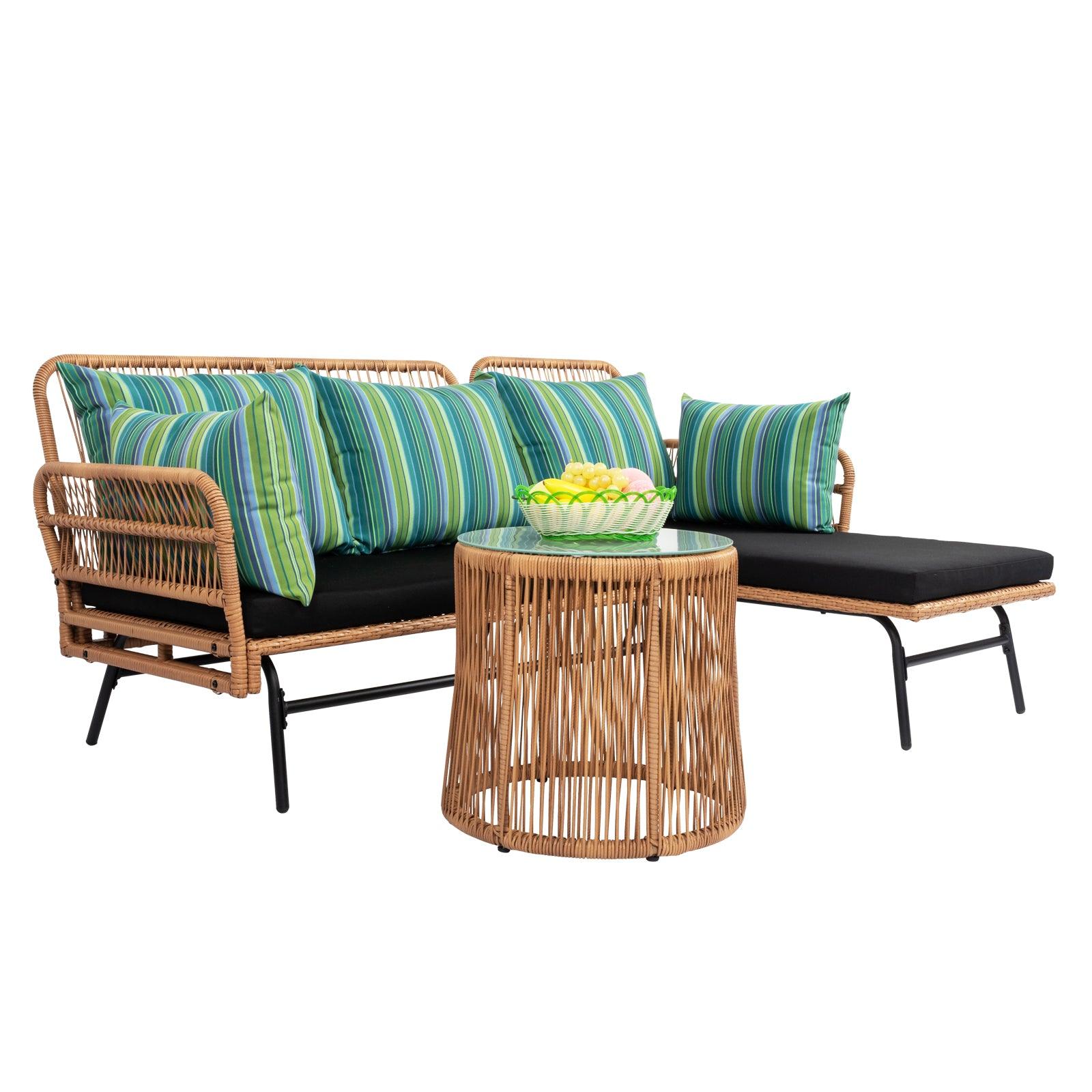 Patio Furniture 3 Piece Set, Rope Woven, Outdoor L-Shaped Garden Sectional Sofa Set, Detachable Lounger, Side Table - Charming Spaces
