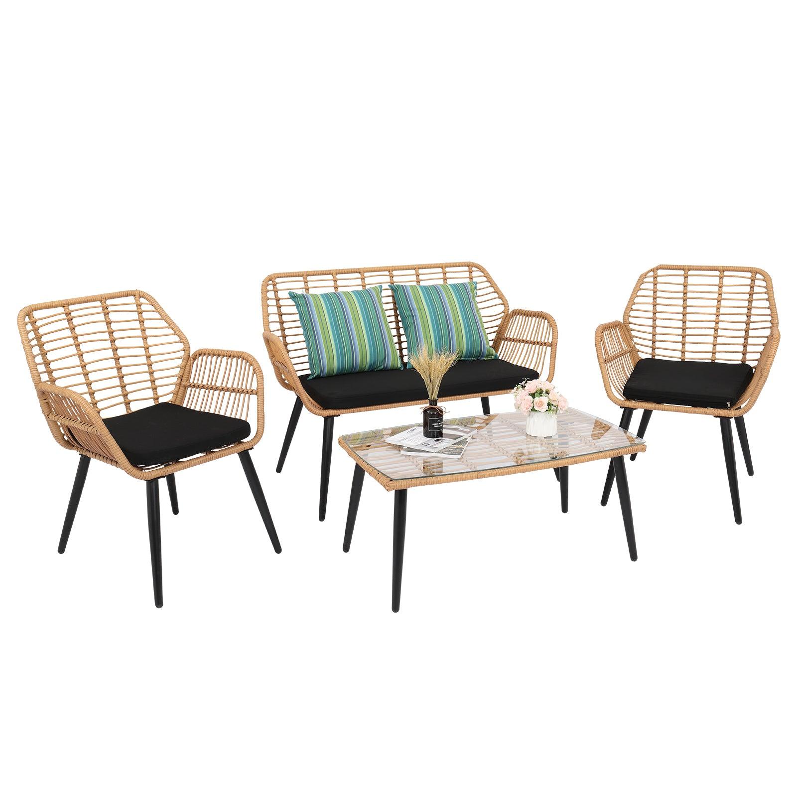 Outdoor Wicker Rattan Chair Four-Piece Patio Furniture Set Yellow, PE Steel - Charming Spaces