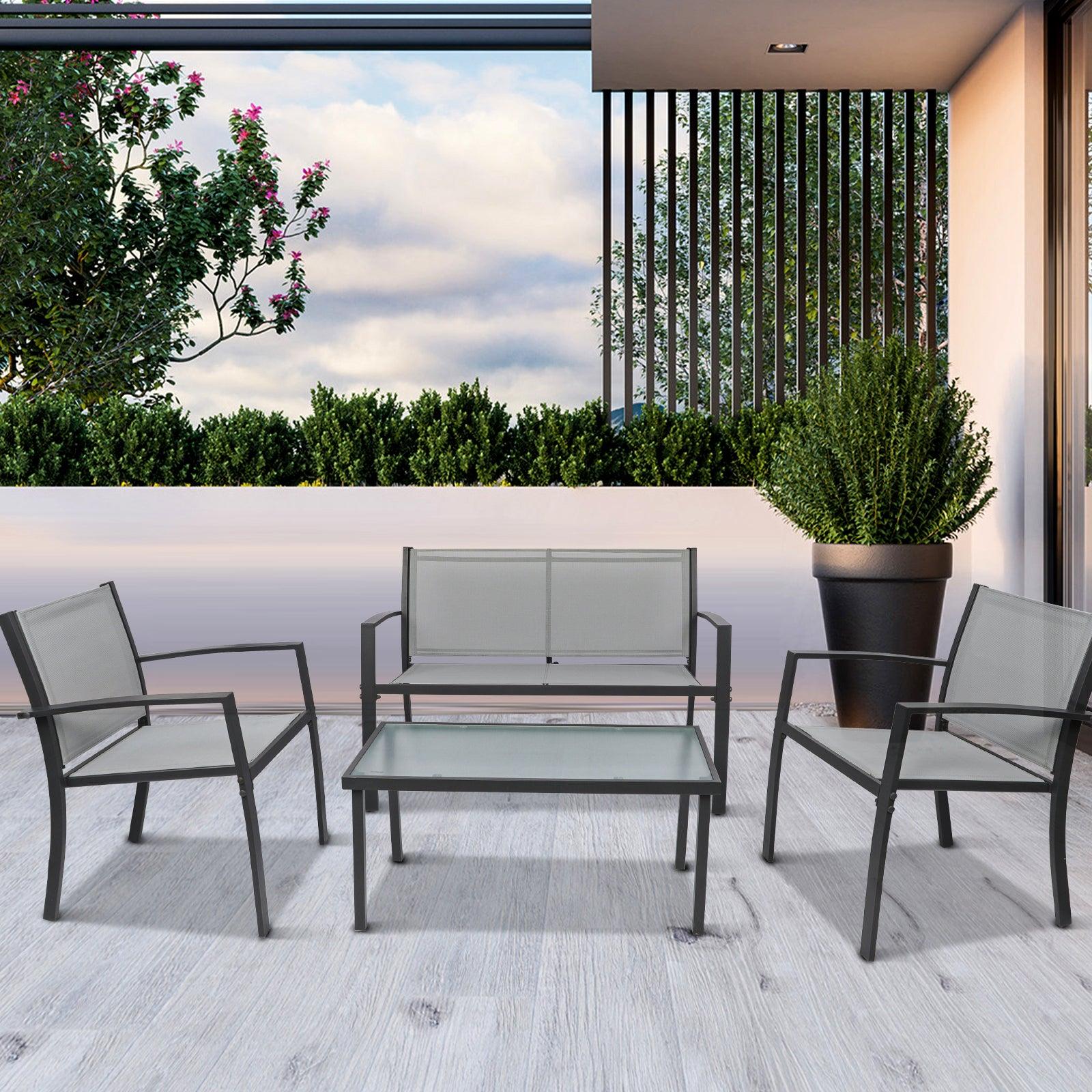 Grey Garden Furniture 4 Piece Set, Glass Coffee Table, 2 Textilene Armchairs 1 Double Seat Sofa - Charming Spaces