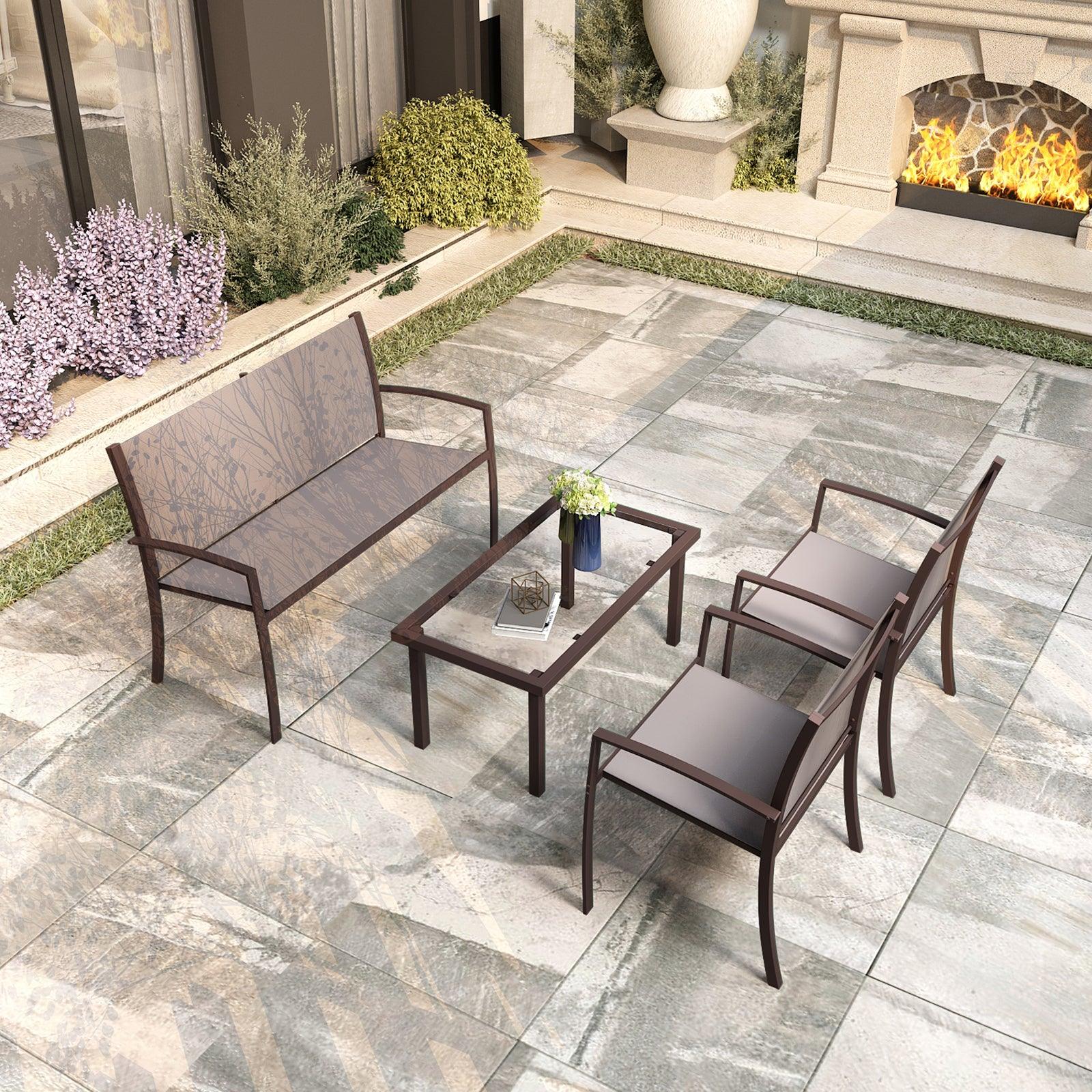Brown Garden Furniture 4 Piece Set - Glass Coffee Table, 2 Textilene Armchairs, 1 Double Seat Sofa - Charming Spaces