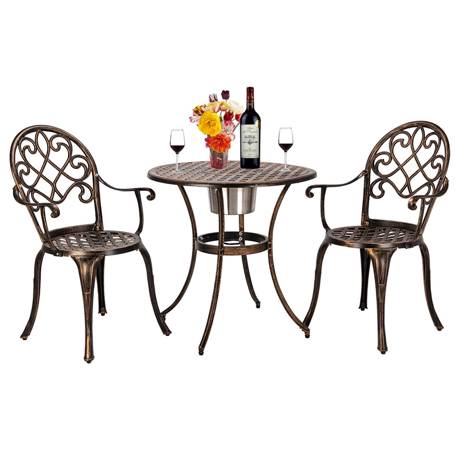 Outdoor 3 Piece Patio Bistro Set of Table and Chairs with Ice Bucket, Bronze, European Style Cast Aluminum - Charming Spaces